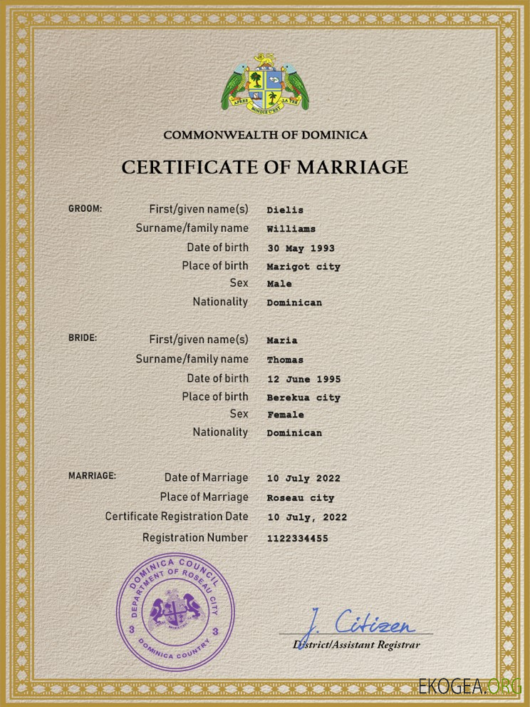 Modèle PSD de certificat de mariage de la Dominique